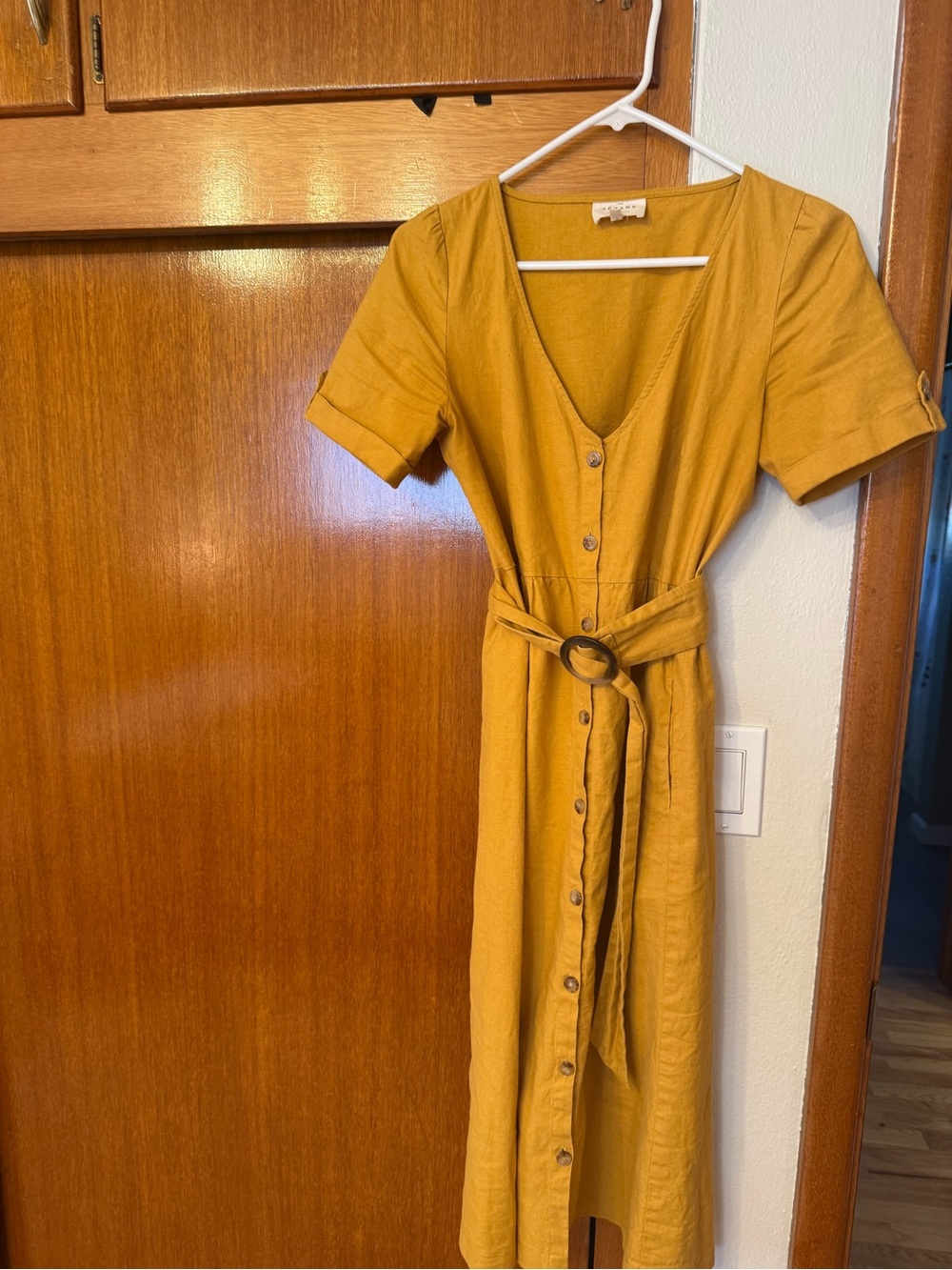 Mustard Button-Front Midi Dress with Belt